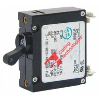 30 A toggle-style miniature circuit breaker for front panel mounting with threaded insert. Rated 250/277V AC and 80V DC. Features #10-32 screw terminals and 2.03 in depth. Suitable for overcurrent protection in control panels, power distribution, and HVAC equipment