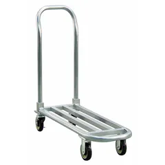 This aluminum-deck platform truck has a 1,000 lb capacity and a 36 1/2 in L x 14 in W x 7 3/4 in H deck. It features two swivel casters with polyurethane wheels (2 in width) for floor protection and maneuverability. The silver aluminum deck resists corrosion, making it suitable for moving loads in warehouses, factories, and distribution centers.