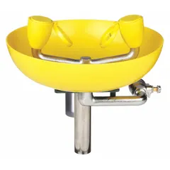 Wall-mount plumbed eyewash station with single-handle faucet and covered ABS plastic bowl. Features push-plate activation for emergency eye irrigation. Designed for fully recessed installation in industrial or laboratory settings.