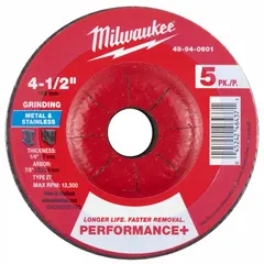 Type 27 depressed-center grinding wheel with 24-grit zirconia alumina abrasive. Measures 4-1/2" diameter by 1/4" thickness with a 7/8" arbor hole. Suitable for heavy material removal, weld blending, and edge chamfering on carbon and stainless steel. Sold in a 5-pack.