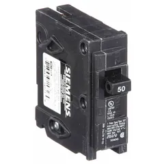 Single-pole miniature circuit breaker rated 50 A at 120V AC, designed for plug-in installation in compatible load centers. Provides overcurrent protection for branch circuits against overloads and short circuits. Suitable for residential and commercial electrical distribution applications.