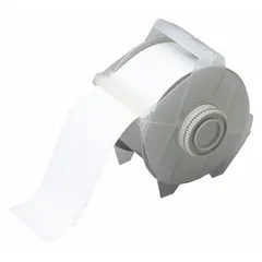 Continuous vinyl label roll in white gloss finish for outdoor use. Features a removable and repositionable adhesive. Compatible with GlobalMark printer series. Used for industrial labeling such as asset tracking, safety signage, and pipe marking.