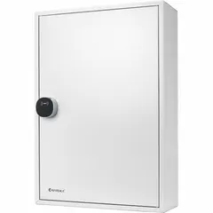 Wall-mounted steel key cabinet with card swipe lock for controlled access. Gray finish. 200-key capacity. Dimensions: 21 3/4 in height, 14 3/4 in width, 5 1/2 in depth. Mounting hardware included; key tags not included. Suitable for secure key storage in industrial, office, and maintenance environments.