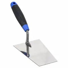 This bucket trowel features a square blade with a 4-1/2 inch width. It is used for mixing and applying materials in buckets or small containers, common in masonry and repair tasks.