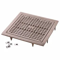 Cast iron grid grate with bronze finish for floor sinks. Full grate opening with square holes. Screw-in connection. 17 in overall width, 2 1/2 in overall height.