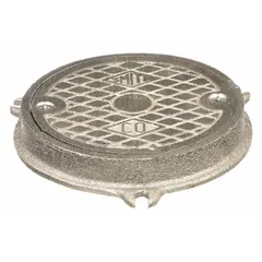 This floor cleanout cover is made of corrosion-resistant nickel bronze with a bronze finish. It includes a frame with anchor lugs and has an overall diameter of 5-1/2 inches and overall height of 3/4 inch. Used to provide access to plumbing drain lines for inspection and cleaning, installed flush with the floor.