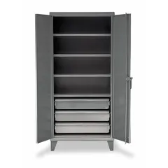 Stationary welded-steel cabinet with four adjustable shelves and drawer storage. Features a swing handle with padlock hasp for security. Dark gray baked enamel finish, 12-gauge panel thickness, and leg base. Suitable for organizing tools, parts, and equipment in industrial settings.