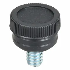 Knurled knob with threaded stud, plastic body with steel thread insert. Diameter 0.75 in, thread size 1/4"-20, thread length 0.375 in. Used for manual adjustment, clamping, or positioning in industrial equipment, jigs, fixtures, and assembly lines.