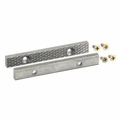 Steel screw-in vise jaw caps designed for vises with a 3 1/2 in jaw width. Includes 4 screws for installation. Provides a serrated gripping surface for securely holding workpieces during machining, assembly, or repair tasks.