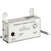 Single-stage analog thermostat for cool-only attic ventilation control. SPST switch closes on temperature rise, activating a fan to exhaust hot air. Adjustable screw setpoint from 60° to 120°F. Operates on 120V AC. Suitable for attics, greenhouses, and sheds requiring temperature regulation