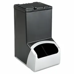 This condiment organizer features two compartments for dispensing condiments such as ketchup and mustard. Made of ABS material with a black finish, it measures 8 7/8 inches wide by 12 inches deep. NSF certified for use in commercial food service environments.