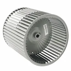 This blower wheel replacement kit features a 15-inch diameter, 15-inch width, steel construction, CW closed end rotation, 1 inlet, 1-inch bore, concave design, and tacked assembly. It is used in HVAC systems for air movement in commercial or industrial heating and cooling units.
