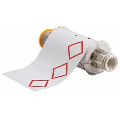 Precut label roll with red GHS/CLP 3B diamond pattern on white vinyl with acrylic adhesive. Each label measures 6 3/32 in x 8 19/64 in and has no preprinted legend, allowing custom text printing. Compatible with BBP85 printer series for on-demand chemical labeling in industrial facilities.