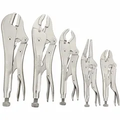 This set includes four curved-jaw locking pliers with max jaw openings of 2 in, 1-1/2 in, 1-1/8 in, and 1-7/8 in. The plain grip handles provide a secure hold. Suitable for clamping, gripping, and holding workpieces in metalworking, fabrication, and maintenance tasks. Comes in a storage bag.