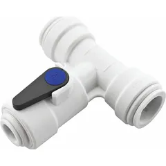 This three-way ball valve features a T-port acetal body with push-fit connections on all ports, allowing flow diversion or mixing in piping systems. The lever handle provides manual control. Suitable for water, air, and compatible fluids in industrial and process applications.