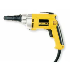 The DEWALT DW268 is a corded screw gun with a pistol grip and trigger switch, delivering up to 132 in-lb of torque. It operates on 120 V AC power and is suited for driving screws into metal surfaces in construction and manufacturing applications.