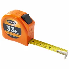 Engineers-scale tape measure with a 33 ft blade, high-visibility orange plastic case, and nonmagnetic single hook tip. Features inch and SAE/engineer's scale markings with 1/16 in graduations, finger brake, and manual lock. Used for precision linear measurement in layout, drafting, and fabrication tasks.