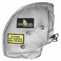This removable insulation jacket is designed for 90° elbow pipe fittings with 44 to 50 inch circumference. Constructed with silicone-coated fiberglass cloth and fiberglass/mineral wool insulation in gray, it features a quick-release fabric flap and wiretwist fastening system. Suitable for use in industrial steam, hot water, and process piping systems to reduce heat loss and provide personnel protection
