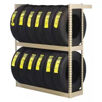 This single-sided boltless tire rack uses a rivet-connect design for tool-free assembly. It holds up to 16 tires on 2 shelves, with a powder-coated finish for corrosion resistance. Suitable for organizing tire inventory in automotive service areas, warehouses, and dealerships