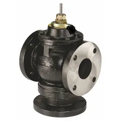 3-way flanged globe valve with cast iron body, stainless steel stem, and brass seat. Tee pattern with 5-inch flanged connections and 238 CV flow rating. Used in hydronic HVAC systems for mixing or diverting water flow in heating and cooling applications.