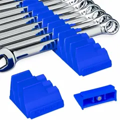 This modular wrench organizer is designed for drawer storage, holding wrenches securely with a magnetic base. The blue organizer has an overall width of 2 1/4 inches, suitable for organizing tools in workshops or maintenance areas.