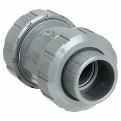 This PVC ball check valve features an inline body design with socket x socket connections. The PVC ball and EPDM seal provide corrosion resistance for backflow prevention in water and industrial fluid piping systems.