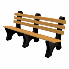 This outdoor bench features a vandal-resistant resinwood seat in Cedar color and a Black steel frame. With an overall length of 72 inches and height of 33 1/2 inches, it is suited for public parks, campuses, and commercial spaces requiring durable, low-maintenance seating.