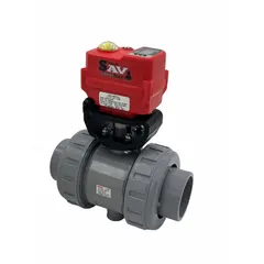 PVC electrically-actuated two-way ball valve with full port ball port. Operates on 95 to 265V AC power. Includes manual override actuator feature. Suitable for on/off flow control in industrial piping systems requiring corrosion resistance.