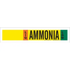 Ammonia pipe marker for LIQ-phase, low-pressure lines. Fits pipe outer diameters from 2-1/2 to 7-7/8 inches. Supplied without directional arrows. Used in industrial refrigeration systems to identify pipe contents and pressure levels per IIAR standards.