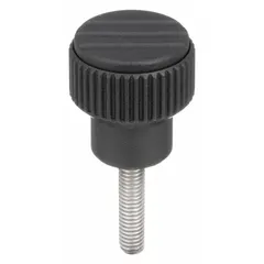 Plastic knurled knob with a steel M8 threaded stud, 26 mm diameter, and 25 mm thread length in gray. Provides a slip-resistant grip for manual adjustment and clamping on machinery, jigs, and fixtures. Allows quick hand-tightening without tools.