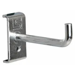 Set of 5 single rod hooks for square-hole pegboard, made of zinc-plated steel with a silver finish. Features a screw-in locking system for secure attachment and includes bolts for surface mounting. Commonly used in workshops and garages for organizing tools and hardware.