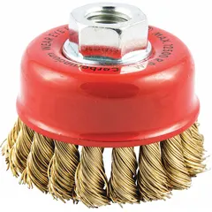 This nonsparking cup brush features twisted brass bristles for heavy cleaning of soft materials. With a 2 3/4 in diameter, 0.02 in fill diameter, and standard twist knot wire, it connects via a 5/8"-11 arbor hole. Suitable for surface preparation, deburring, and cleaning in environments where spark prevention is required.