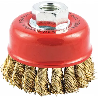 OEM Cup Brush: Twisted Brass, 2 3/4 in Dia, 0.02 in Fill Dia, 5/8"-11 Arbor - Nonsparking Heavy-Cleaning Brushes for Soft Materials