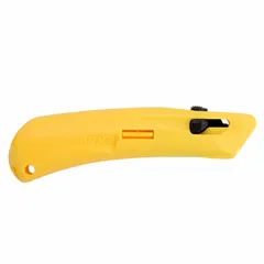 This automatic retracting utility knife features a plain steel blunt tip blade and a high-visibility yellow plastic body. It has an overall length of 6 inches and a width of 1 1/2 inches. The quick-change mechanism allows for fast blade replacement. Typical applications include cutting cardboard, tape, shrink wrap, and other packaging materials in warehouses and distribution centers.