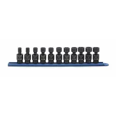 This 11-piece metric impact socket set features a 3/8 in drive and 6-point friction design. Sockets range from 8 mm to 19 mm. Suitable for heavy-duty fastening tasks in automotive and industrial maintenance applications where impact-rated tools are required.