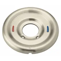 Metal circle trim plate with nickel finish, designed to cover valve openings in tub and shower systems. This escutcheon has no handles and serves as a decorative cover plate for wall-mounted plumbing fixtures