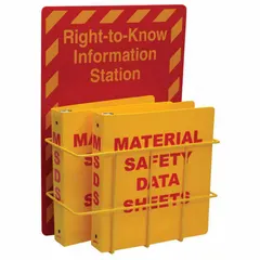 Red wall-mount information center with wire rack and sign. Overall dimensions: 20 in height, 14 in width, 6 1/2 in depth. Designed to display safety procedures, emergency instructions, or other workplace information. Mounting hardware not included.