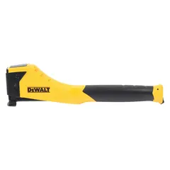 This hammer tacker features a straight-feed design and aluminum construction. It accepts Arrow T50 staples with leg lengths from 3/8 in to 1/2 in and a staple width of 3/8 in. Typical applications include fastening insulation, roofing felt, and vapor barriers in construction and remodeling tasks.