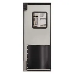 This insulated swinging door features a single gray textured polyethylene panel with a polycarbonate window. It includes door seals, bumpers, and mounting hardware. Complies with NSF standards. Suitable for separating temperature-controlled zones in industrial facilities.