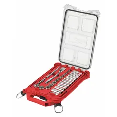 This 28-piece SAE socket set includes a 3/8 in drive ratchet and 6-point sockets ranging from 1/4 in to 1 in. The friction ball retention mechanism holds sockets securely on the drive tool. Suitable for tightening and loosening hex fasteners in automotive repair, equipment maintenance, and general assembly tasks.