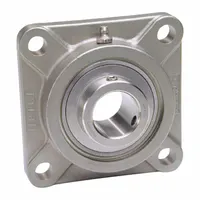 This food-grade flange-mount ball bearing features a 7/8 in bore and stainless steel construction with set screws. It uses Mobil FM222 lubricant and has a 3/8 in mounting bolt size. Overall length is 3 3/4 in. Suitable for applications requiring corrosion resistance and hygiene compliance, such as conveyors and packaging equipment