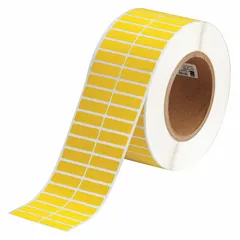 Precut wraparound label measuring 3/8 in x 1 1/4 in, made of polyvinyl fluoride with black print on yellow background. Designed for use with BBP11 printer series and R4300 ribbon. Suitable for marking cables, pipes, and equipment in industrial environments.