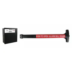 This DETEX exit device is a rim-type push bar constructed from aluminum. It features a touchbar style and push outside trim, designed for doors up to 36 inches wide. The device is ADA compliant, making it suitable for commercial egress applications where safe and easy operation is required.