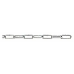 This welded straight-link tailgate chain is made of carbon steel and has a working load limit of 8,800 lb. The link inside width is 1/2 in, and the trade size is 5/0. It is commonly used for securing loads on trucks and trailers, as well as for heavy-duty tie-downs and lifting tasks in industrial settings.