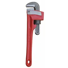 This straight pipe wrench features a cast iron I-beam handle with a natural finish. Serrated jaws provide secure grip on pipes and fittings. Overall length is 10 in with a jaw capacity of 1-1/2 in. Suitable for turning and holding round objects in plumbing and maintenance tasks.