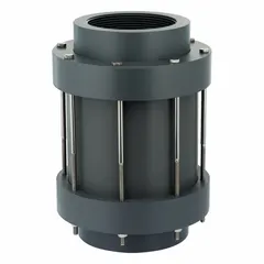 Inline poppet check valve with PVC body and FKM poppet, designed for corrosives media. Pipe size 1 1/2 in. Used in industrial fluid systems for backflow prevention, such as chemical processing and water treatment.
