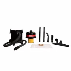 Dry vacuum with HEPA-rated filtration for controlled environments. Features a 4 5/8 gallon polyethylene tank, 6 ft hose, and polyester bag/cartridge. Meets CE standards. Suitable for cleanrooms and laboratories requiring removal of fine dry particulates.
