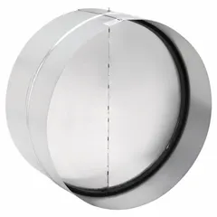 Round backdraft damper for 16-inch nominal duct diameter. Double-panel construction with butterfly blade type. Designed for vertical airflow direction to prevent reverse flow in duct systems. Suitable for use with fans sized 16 to 24 inches.