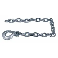 Heavy-duty safety chain made from carbon steel with a zinc-plated finish. Features a slip hook attachment and 6-1/2 in overall width. Used for securing loads and equipment during towing or transport.