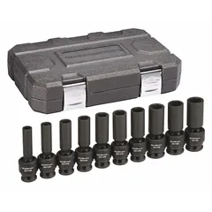 This SAE impact socket set features a manganese phosphate finish for corrosion resistance. The 3/8 in drive size covers a socket range of 10 mm to 19 mm. Suitable for fastening and loosening nuts and bolts in automotive, heavy equipment, and industrial applications.